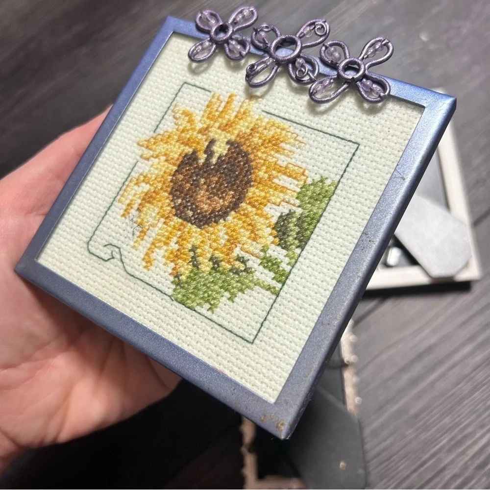 Vintage Mini Decorative Photo Frames Lot — Sunflower Cross Stitch + Pearl & Gold